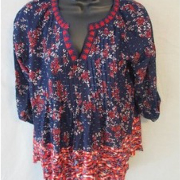 Vintage America Jolita Top V Neck 3/4 Roll Tab Sleeves Navy Print Size M - Picture 7 of 14